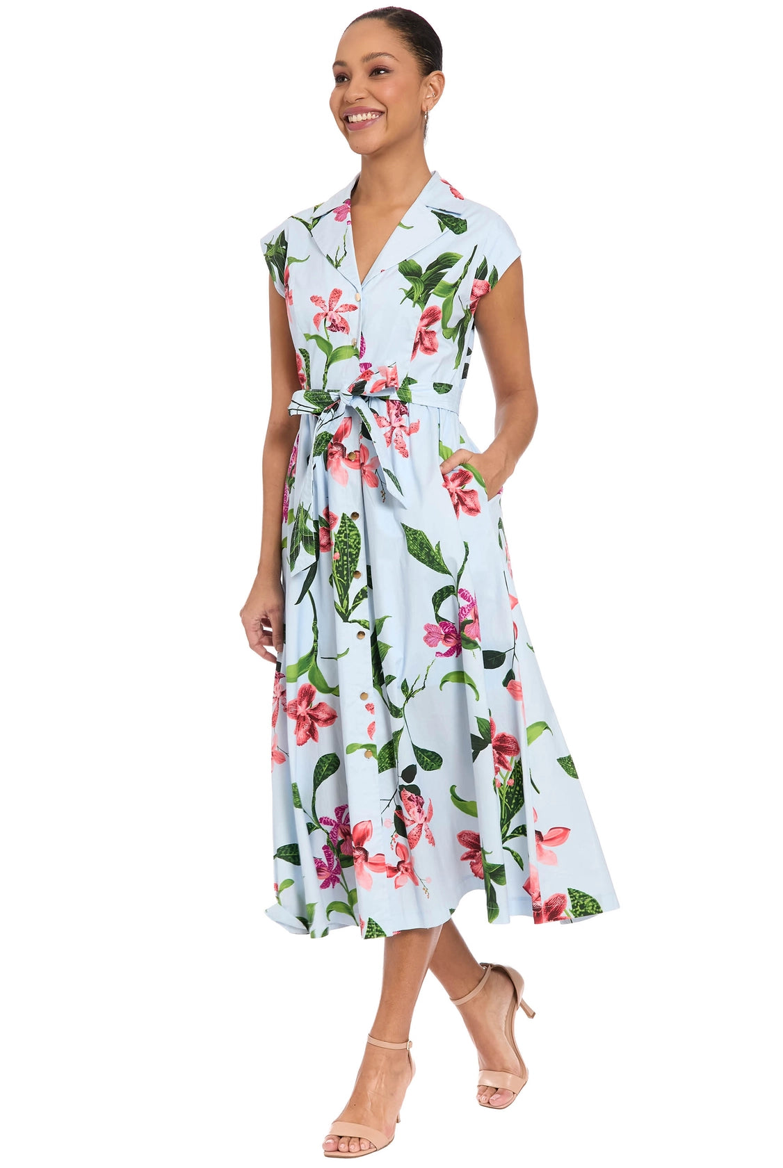 London Times Rosemary Cotton Belted Shirt Dress – Sky Blue / Sunkist Coral-Midi Dresses-London Times-Deja Nu Boutique, Women's Fashion Boutique in Lampasas, Texas