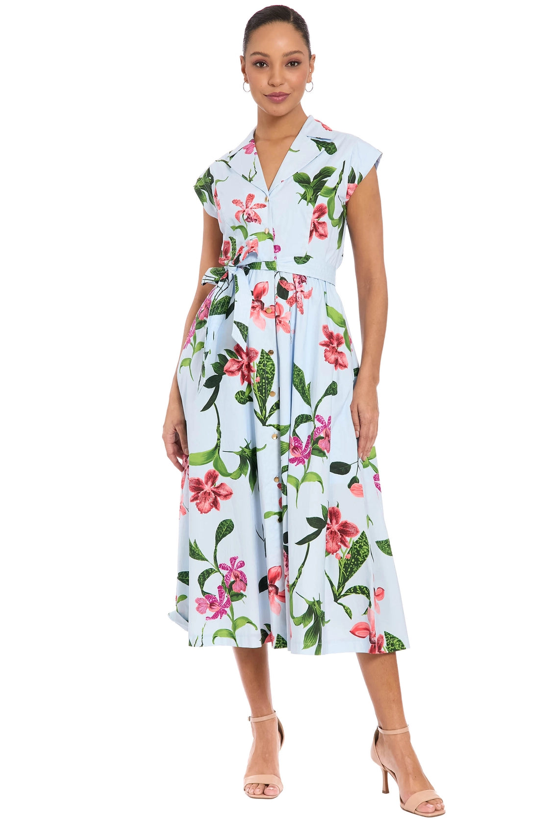 London Times Rosemary Cotton Belted Shirt Dress – Sky Blue / Sunkist Coral-Midi Dresses-London Times-Deja Nu Boutique, Women's Fashion Boutique in Lampasas, Texas