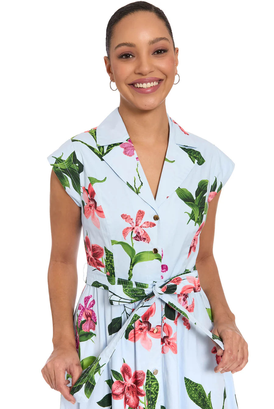 London Times Rosemary Cotton Belted Shirt Dress – Sky Blue / Sunkist Coral-Midi Dresses-London Times-Deja Nu Boutique, Women's Fashion Boutique in Lampasas, Texas