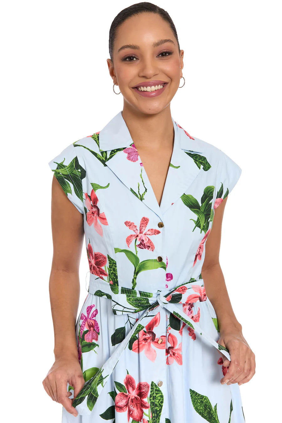 London Times Rosemary Cotton Belted Shirt Dress – Sky Blue / Sunkist Coral-Midi Dresses-London Times-Deja Nu Boutique, Women's Fashion Boutique in Lampasas, Texas