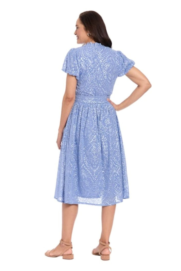 London Times Ruffle Neck Bubble Sleeve Eyelet Midi Dress in English Manor Blue-Midi Dresses-London Times-Deja Nu Boutique, Women's Fashion Boutique in Lampasas, Texas