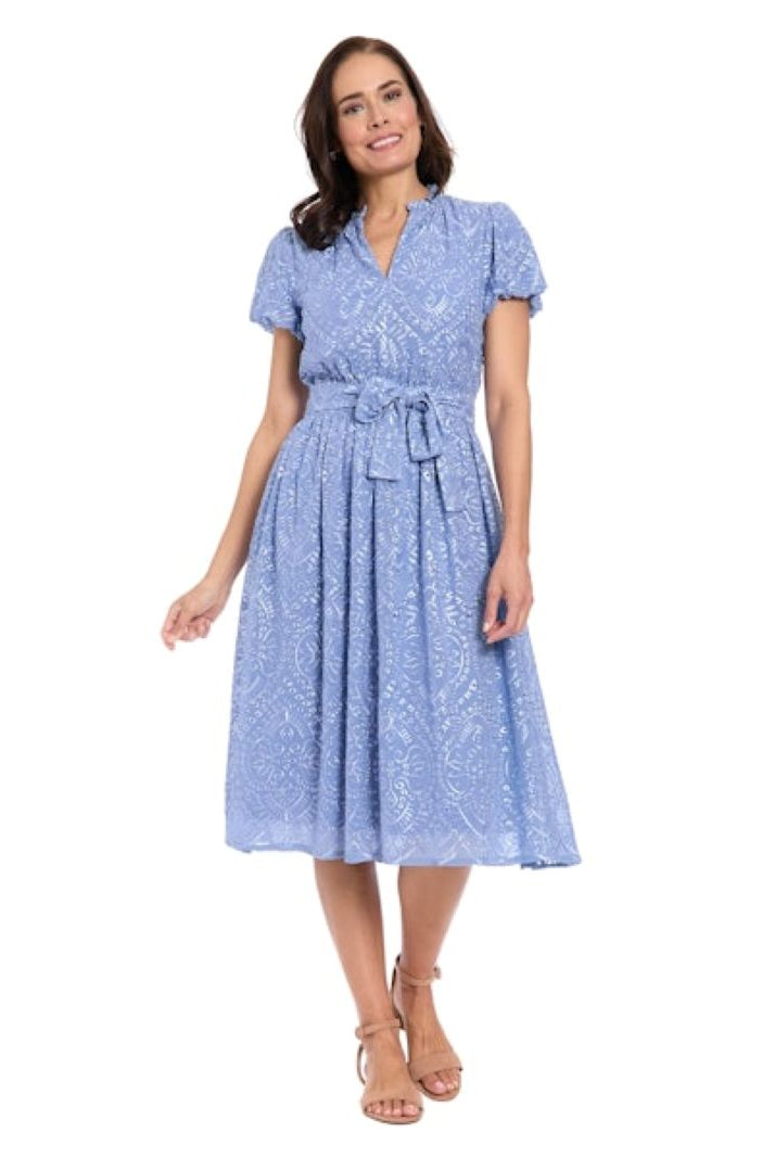 London Times Ruffle Neck Bubble Sleeve Eyelet Midi Dress in English Manor Blue-Midi Dresses-London Times-Deja Nu Boutique, Women's Fashion Boutique in Lampasas, Texas