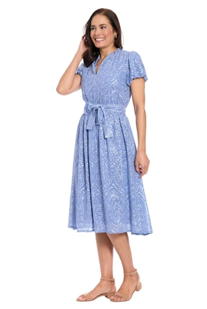 London Times Ruffle Neck Bubble Sleeve Eyelet Midi Dress in English Manor Blue-Midi Dresses-London Times-Deja Nu Boutique, Women's Fashion Boutique in Lampasas, Texas
