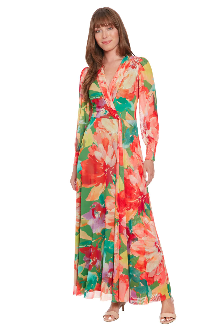 London Times Ruth Maxi Dress – Vibrant Green & Persimmon Floral Mesh Wrap Gown-Maxi Dresses-London Times-Deja Nu Boutique, Women's Fashion Boutique in Lampasas, Texas