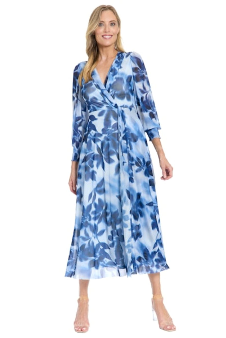 London Times Shirred Surplice Faux Twist Bishop Sleeve Maxi Dress Light Baby Blue-Maxi Dresses-London Times-Deja Nu Boutique, Women's Fashion Boutique in Lampasas, Texas
