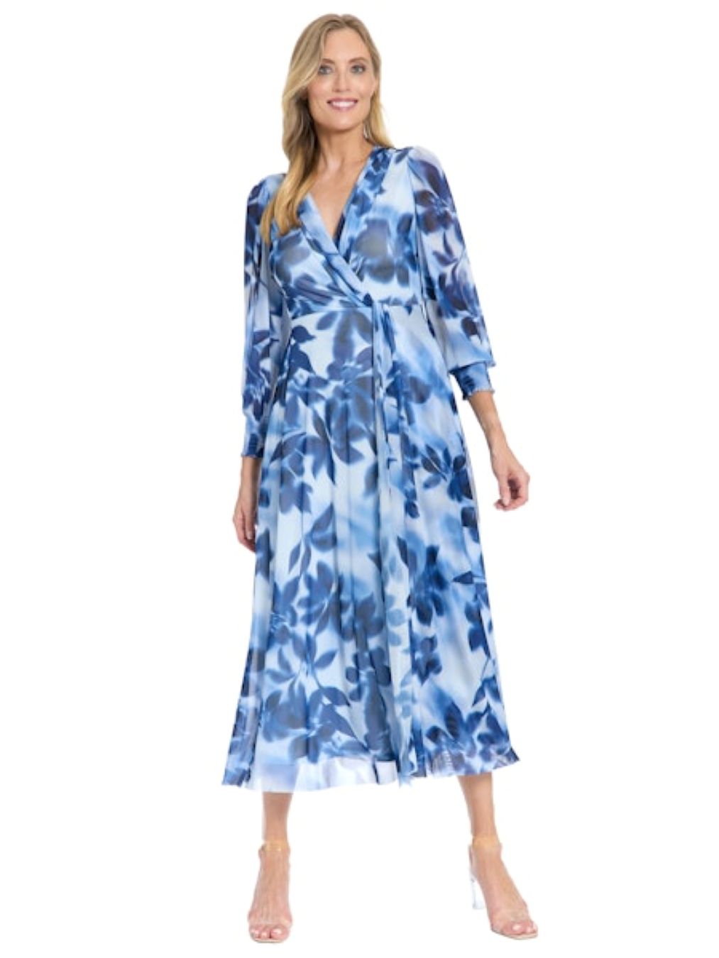 London Times Shirred Surplice Faux Twist Bishop Sleeve Maxi Dress Light Baby Blue-Maxi Dresses-London Times-Deja Nu Boutique, Women's Fashion Boutique in Lampasas, Texas