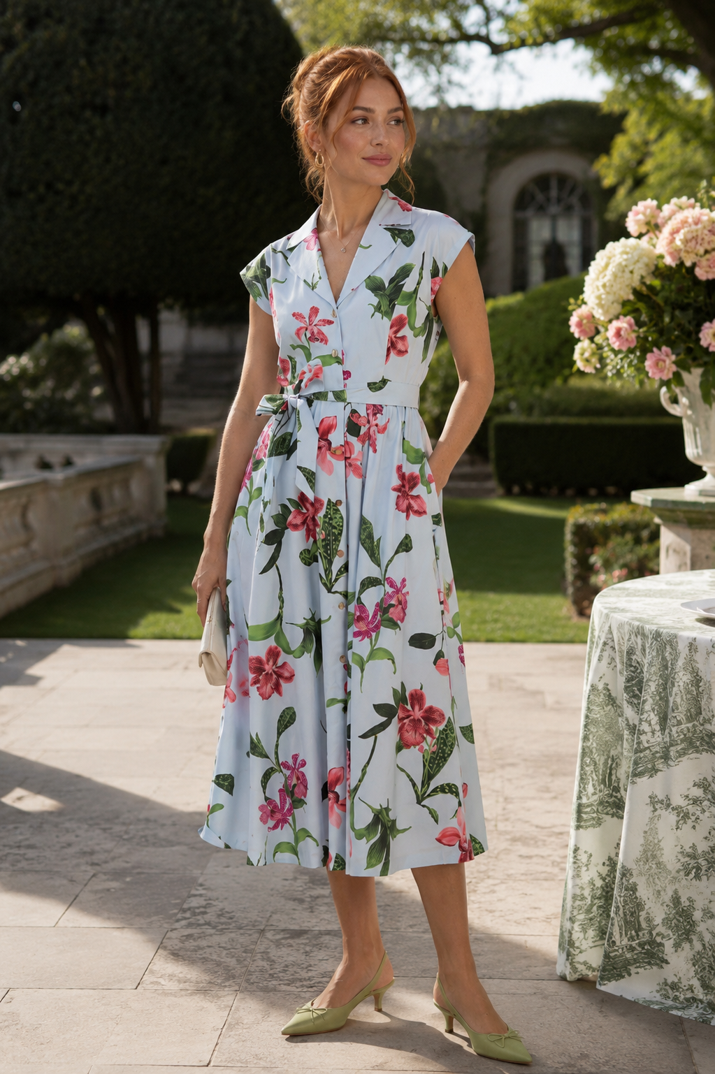 London Times Rosemary Cotton Belted Shirt Dress – Sky Blue / Sunkist Coral-Midi Dresses-London Times-Deja Nu Boutique, Women's Fashion Boutique in Lampasas, Texas