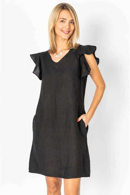 Look Mode Black Linen Breeze Sheath Dress With Ruffled Cap Sleeves-Dresses-Look Mode-Deja Nu Boutique, Women's Fashion Boutique in Lampasas, Texas