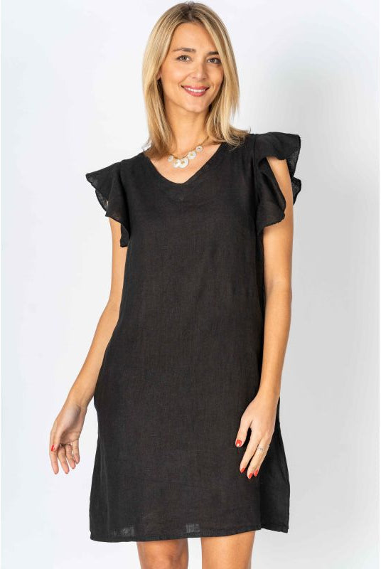 Look Mode Black Linen Breeze Sheath Dress With Ruffled Cap Sleeves-Dresses-Look Mode-Deja Nu Boutique, Women's Fashion Boutique in Lampasas, Texas