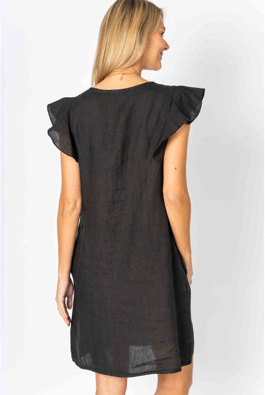 Look Mode Black Linen Breeze Sheath Dress With Ruffled Cap Sleeves-Dresses-Look Mode-Deja Nu Boutique, Women's Fashion Boutique in Lampasas, Texas