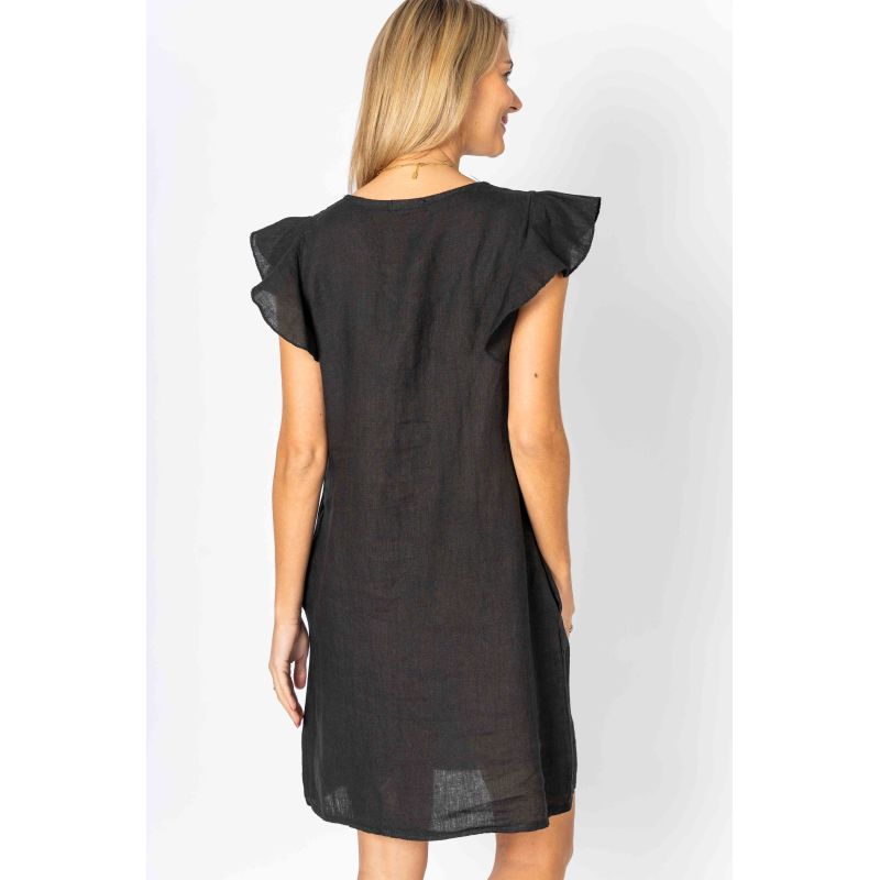 Look Mode Black Linen Breeze Sheath Dress With Ruffled Cap Sleeves-Dresses-Look Mode-Deja Nu Boutique, Women's Fashion Boutique in Lampasas, Texas
