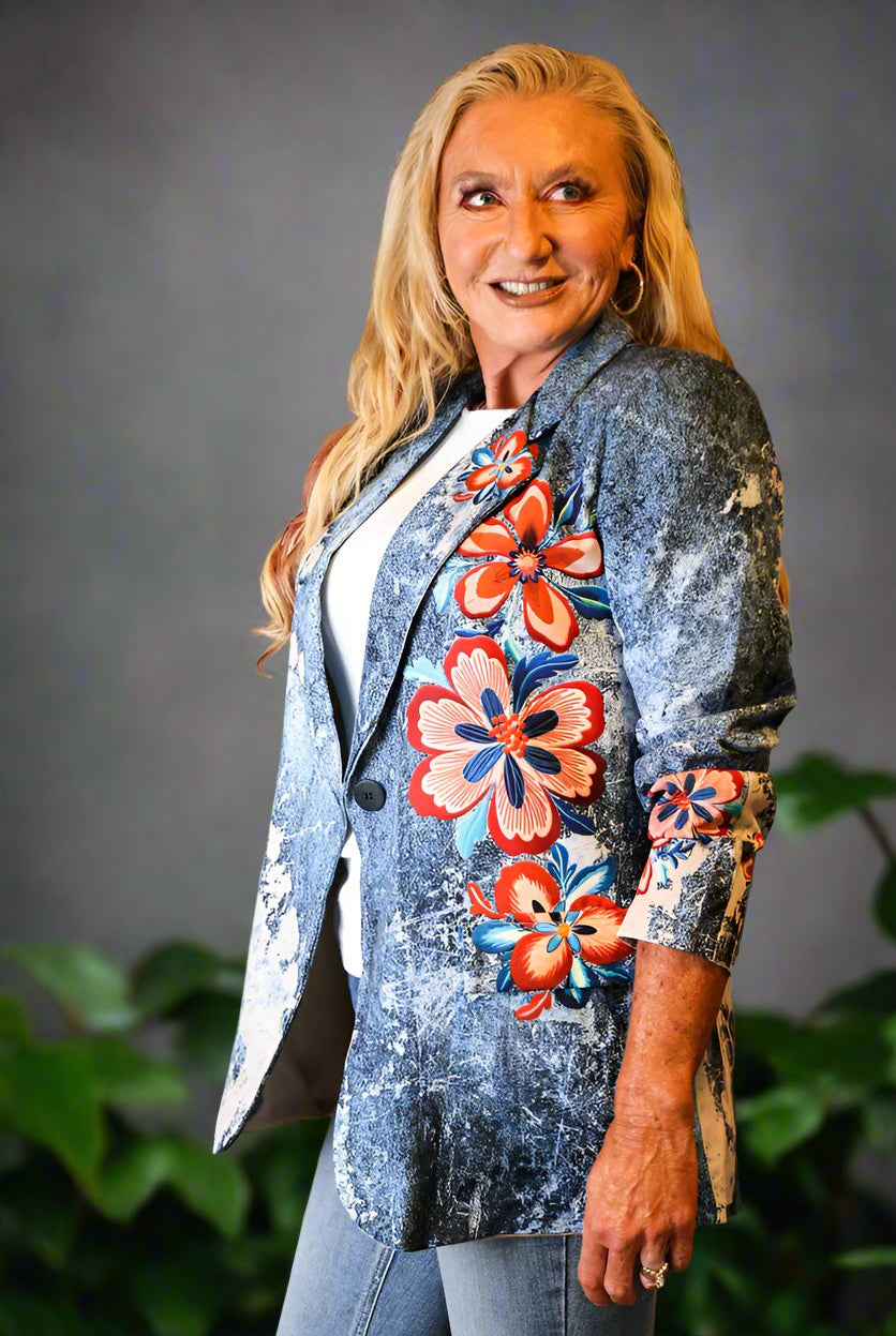 Look Mode Denim Flower Jacket-Blazers-Look Mode-Deja Nu Boutique, Women's Fashion Boutique in Lampasas, Texas
