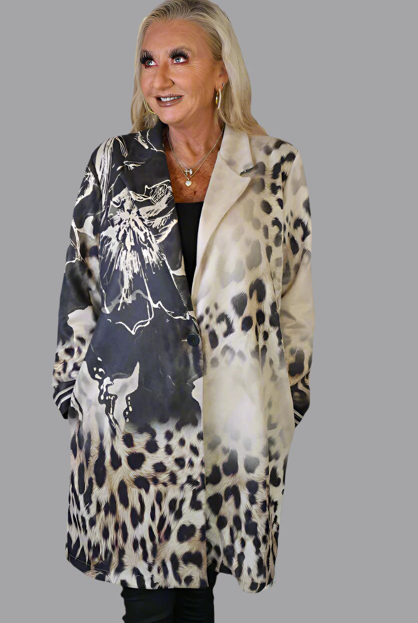 Look Mode Faux Suede Leopard And Flower Print Long Jacket-Jackets-Look Mode-Deja Nu Boutique, Women's Fashion Boutique in Lampasas, Texas