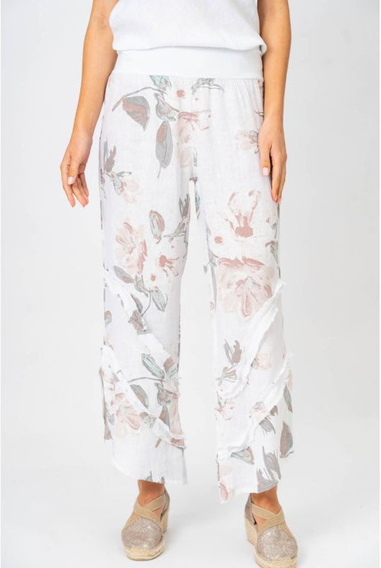 Look Mode Floral Linen Pants With Ruffle Detailed Leg in Off White-Bottoms-Look Mode-Deja Nu Boutique, Women's Fashion Boutique in Lampasas, Texas