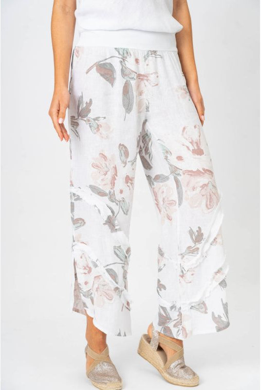 Look Mode Floral Linen Pants With Ruffle Detailed Leg in Off White-Bottoms-Look Mode-Deja Nu Boutique, Women's Fashion Boutique in Lampasas, Texas