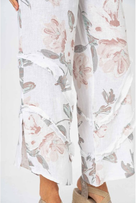 Look Mode Floral Linen Pants With Ruffle Detailed Leg in Off White-Bottoms-Look Mode-Deja Nu Boutique, Women's Fashion Boutique in Lampasas, Texas