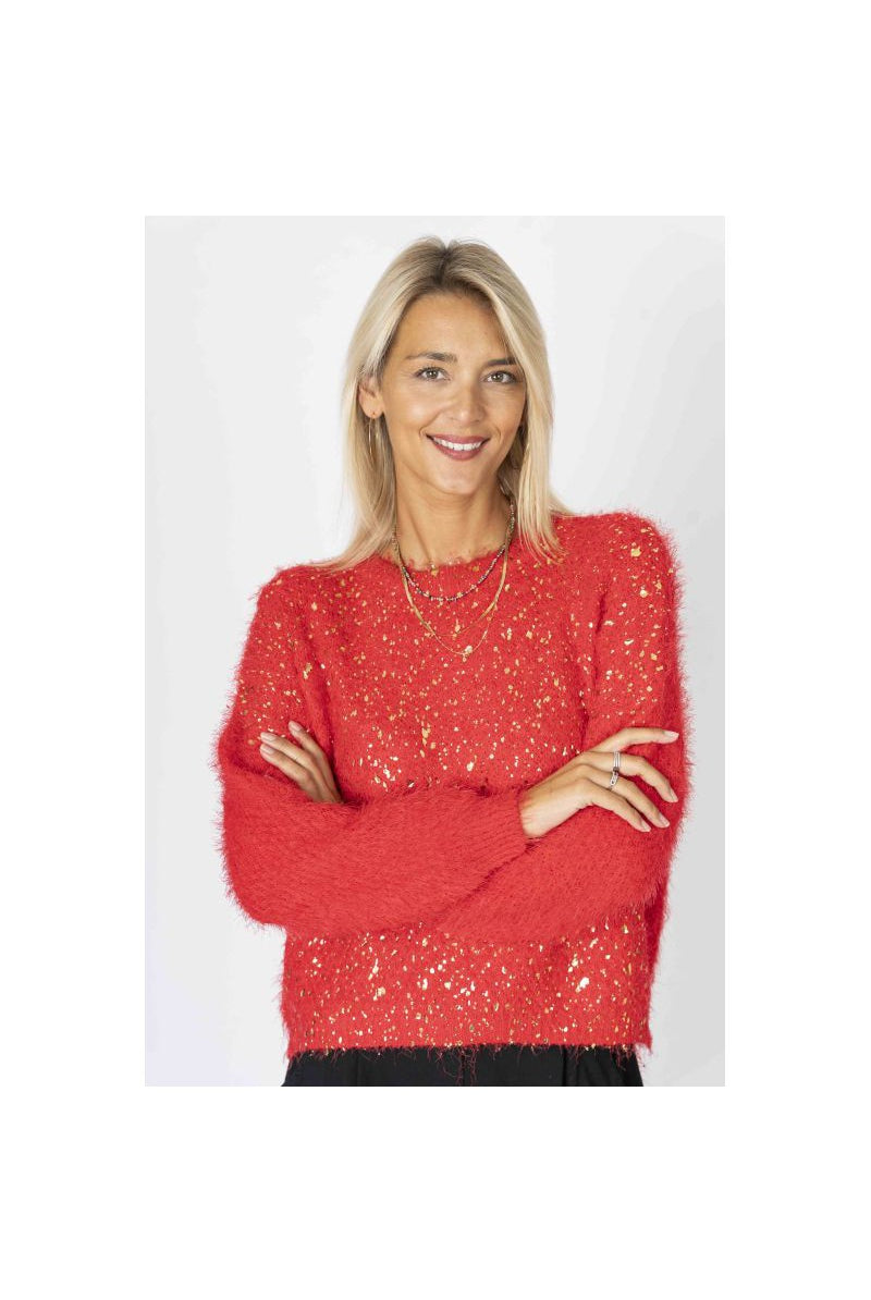 Look Mode Fluffy Sweater With Shimmer On Front In Red-Sweaters-Look Mode-Deja Nu Boutique, Women's Fashion Boutique in Lampasas, Texas