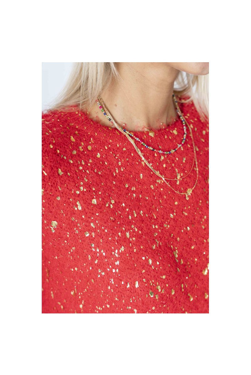 Look Mode Fluffy Sweater With Shimmer On Front In Red-Sweaters-Look Mode-Deja Nu Boutique, Women's Fashion Boutique in Lampasas, Texas