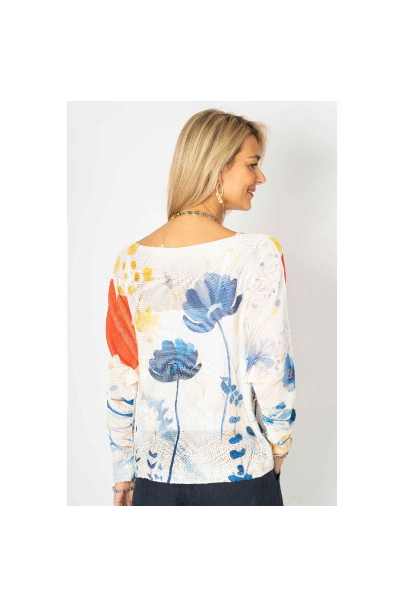 Look Mode Italian Floral Batwing Sweater – Blue & Sunset Bloom-Sweaters-Look Mode-Deja Nu Boutique, Women's Fashion Boutique in Lampasas, Texas