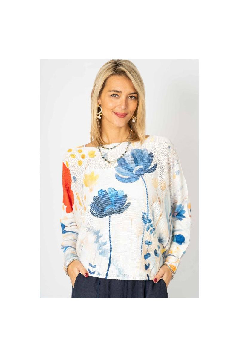Look Mode Italian Floral Batwing Sweater – Blue & Sunset Bloom-Sweaters-Look Mode-Deja Nu Boutique, Women's Fashion Boutique in Lampasas, Texas