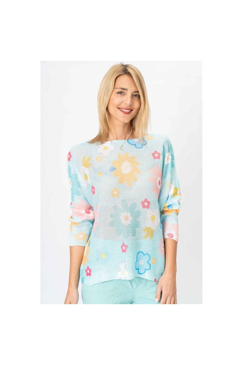 ๐ธ Look Mode Italian Floral Mesh Sweater โ Lilac & Aqua-Sweaters-Look Mode-Deja Nu Boutique, Women's Fashion Boutique in Lampasas, Texas