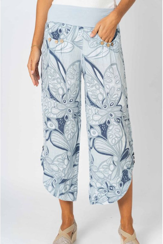 Look Mode Italian Linen Crop Pant – Blue Silver Floral Print-Pants-Look Mode-Deja Nu Boutique, Women's Fashion Boutique in Lampasas, Texas