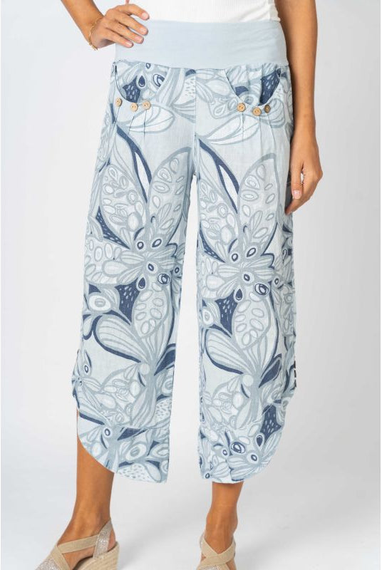Look Mode Italian Linen Crop Pant – Blue Silver Floral Print-Pants-Look Mode-Deja Nu Boutique, Women's Fashion Boutique in Lampasas, Texas