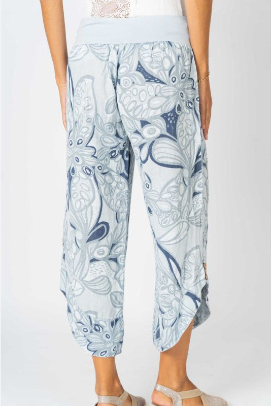Look Mode Italian Linen Crop Pant – Blue Silver Floral Print-Pants-Look Mode-Deja Nu Boutique, Women's Fashion Boutique in Lampasas, Texas