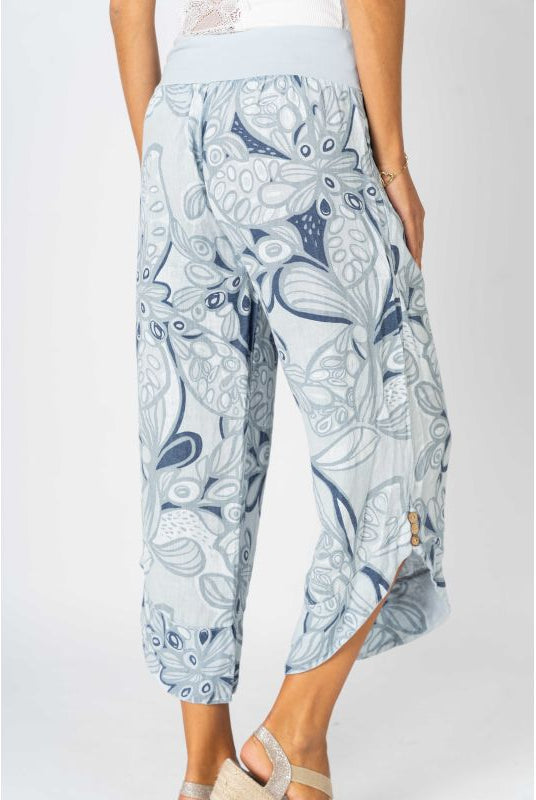 Look Mode Italian Linen Crop Pant – Blue Silver Floral Print-Pants-Look Mode-Deja Nu Boutique, Women's Fashion Boutique in Lampasas, Texas