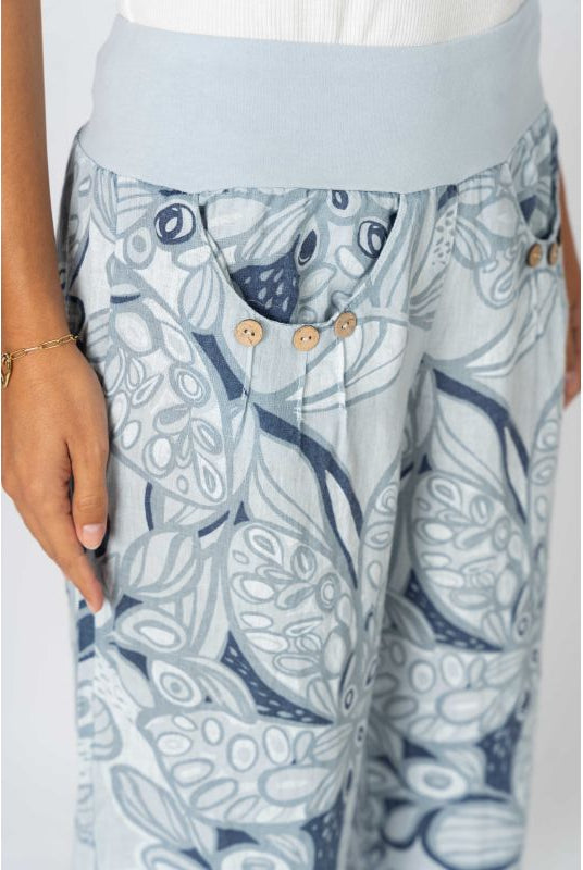 Look Mode Italian Linen Crop Pant – Blue Silver Floral Print-Pants-Look Mode-Deja Nu Boutique, Women's Fashion Boutique in Lampasas, Texas