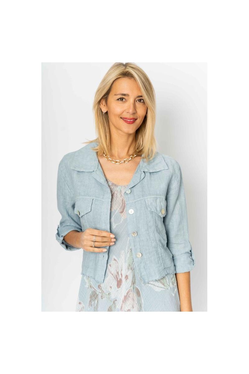 Look Mode Italian Linen Raw Edge Crop Jacket – Silver Blue-Jackets-Look Mode-Deja Nu Boutique, Women's Fashion Boutique in Lampasas, Texas