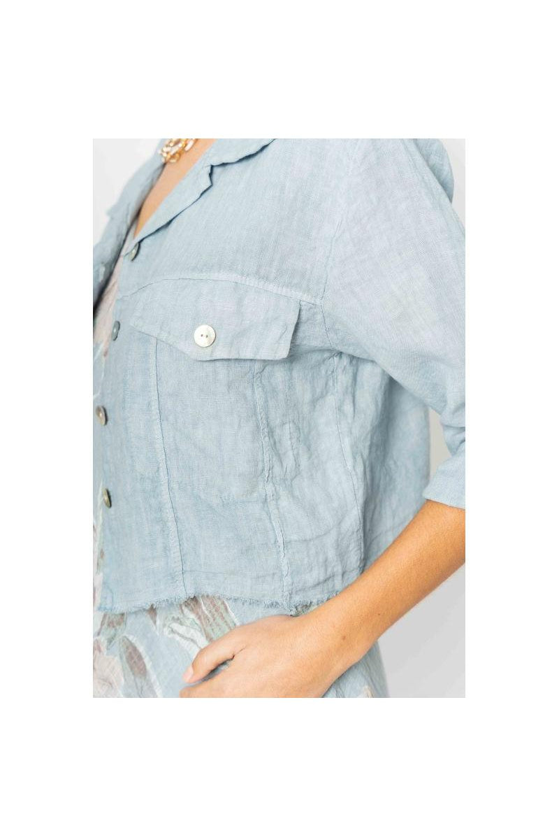 Look Mode Italian Linen Raw Edge Crop Jacket – Silver Blue-Jackets-Look Mode-Deja Nu Boutique, Women's Fashion Boutique in Lampasas, Texas