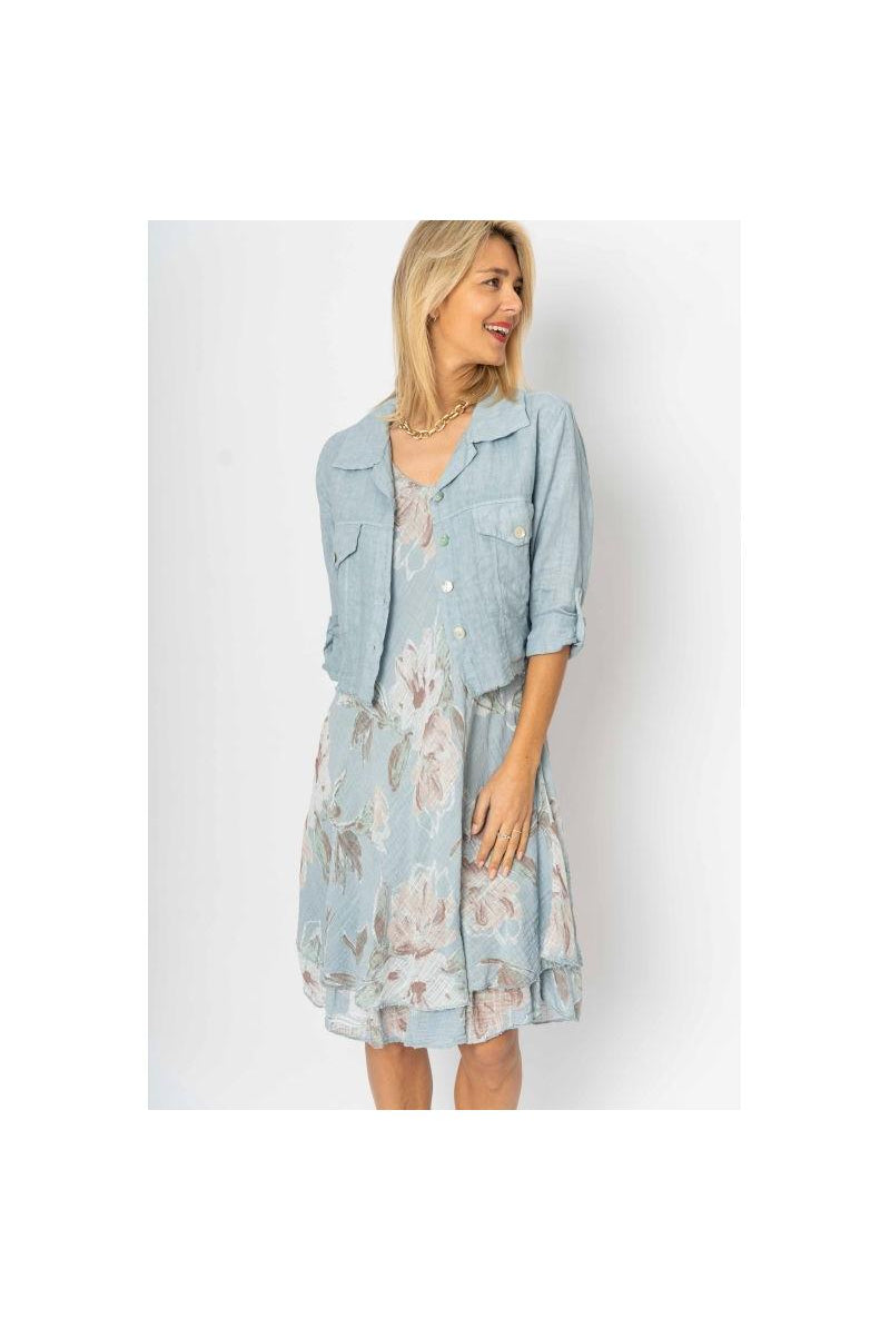 Look Mode Italian Linen Raw Edge Crop Jacket – Silver Blue-Jackets-Look Mode-Deja Nu Boutique, Women's Fashion Boutique in Lampasas, Texas