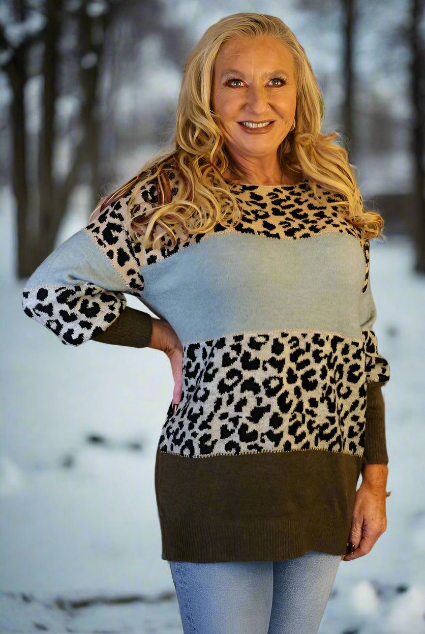 Look Mode Leopard Print Colorblock Sweater In Green-Sweaters-Look Mode-Deja Nu Boutique, Women's Fashion Boutique in Lampasas, Texas