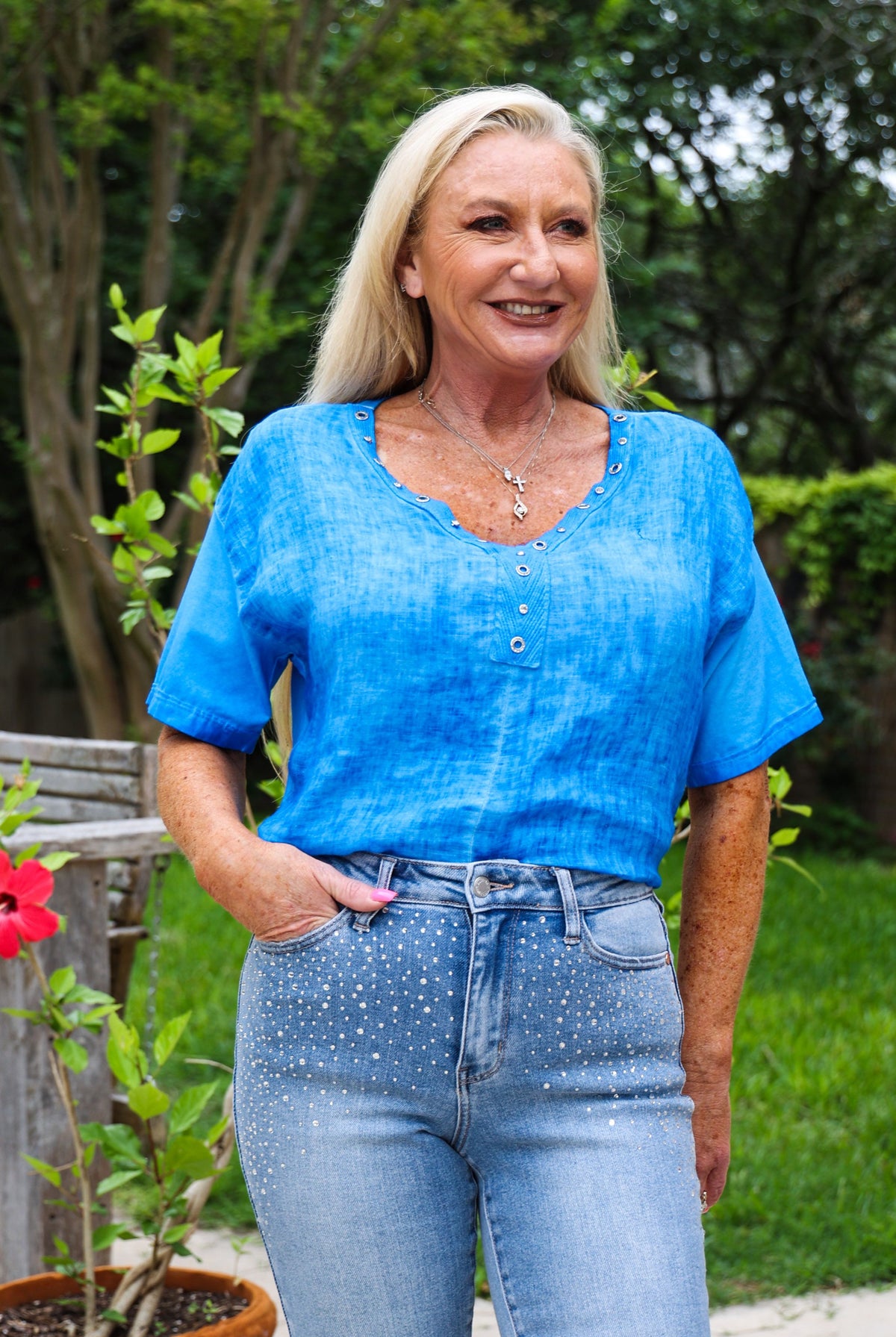 Look Mode Linen Shirt With Studs And Rhinestones At V- Neckline In Royal Blue-Short Sleeves-Look Mode-Deja Nu Boutique, Women's Fashion Boutique in Lampasas, Texas