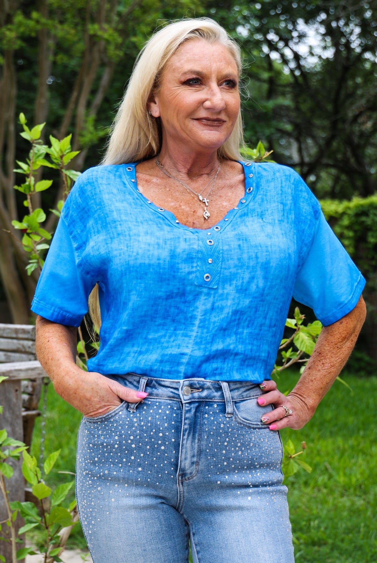 Look Mode Linen Shirt With Studs And Rhinestones At V- Neckline In Royal Blue-Short Sleeves-Look Mode-Deja Nu Boutique, Women's Fashion Boutique in Lampasas, Texas