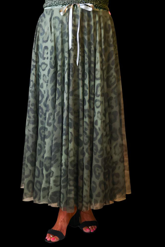 Look Mode Olive Leopard Print Long Tulle Skirt-Skirts-Look Mode-Deja Nu Boutique, Women's Fashion Boutique in Lampasas, Texas
