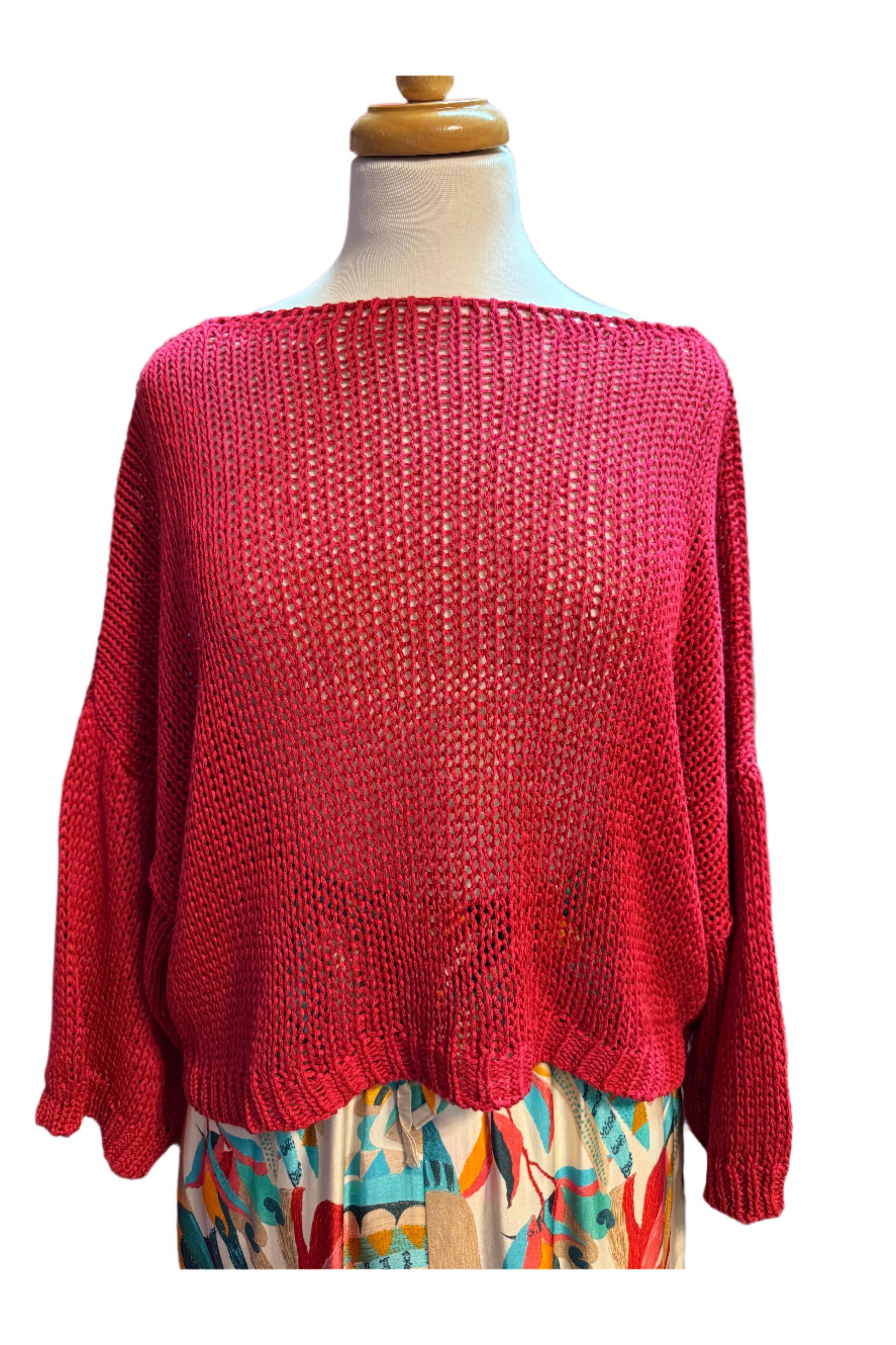 Look Mode Open Knit Sweater – Seafoam & Red Cherry-Sweaters-Look Mode-Deja Nu Boutique, Women's Fashion Boutique in Lampasas, Texas