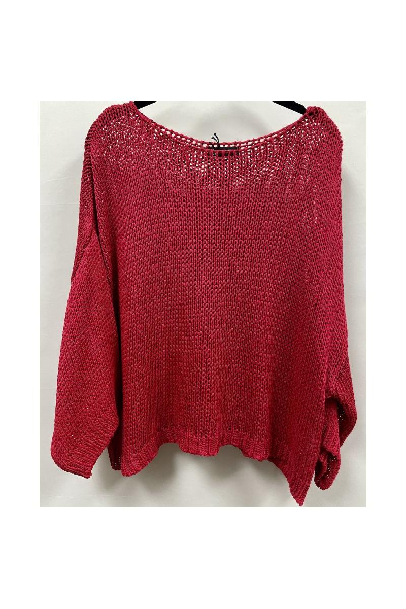 Look Mode Open Knit Sweater – Seafoam & Red Cherry-Sweaters-Look Mode-Deja Nu Boutique, Women's Fashion Boutique in Lampasas, Texas