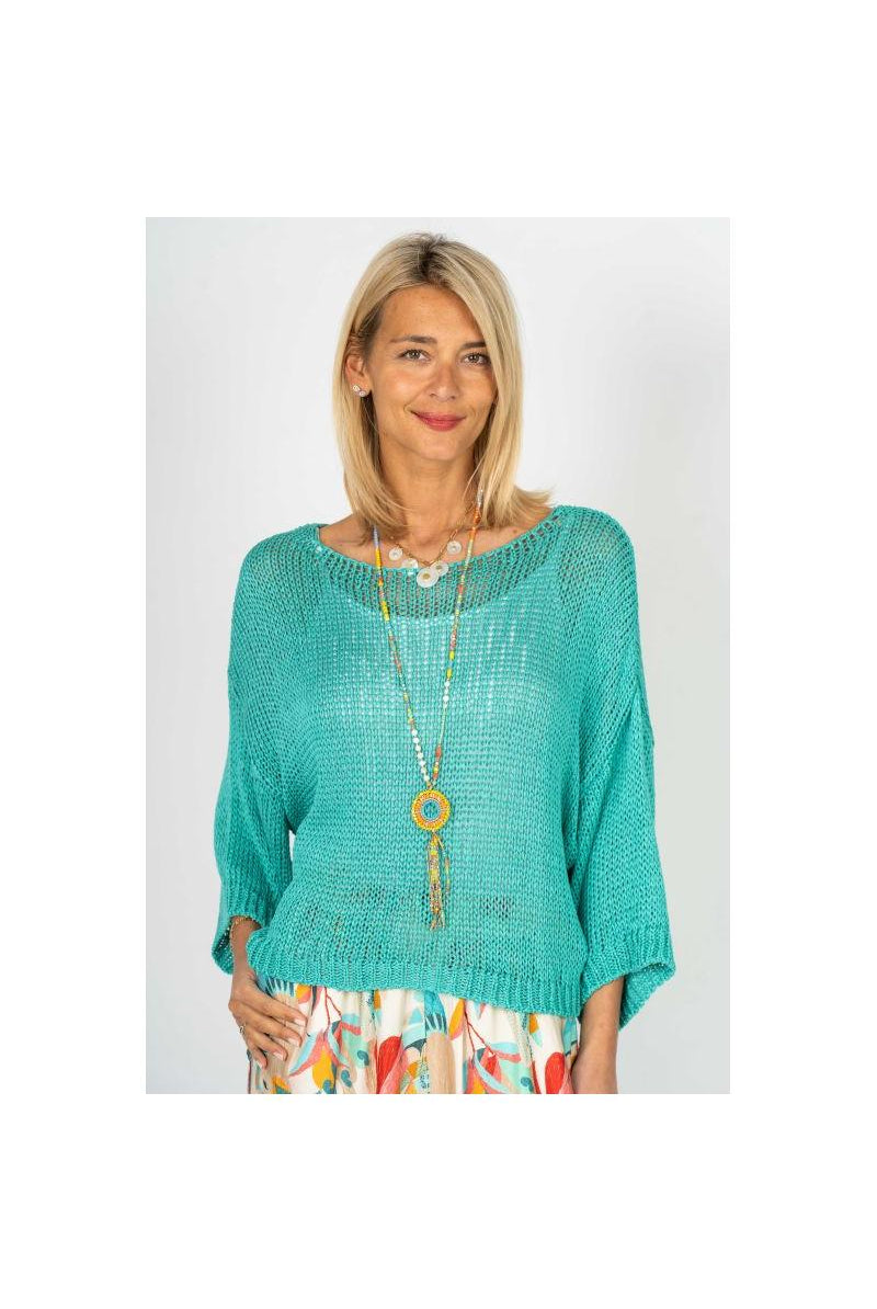 Look Mode Open Knit Sweater – Seafoam & Red Cherry-Sweaters-Look Mode-Deja Nu Boutique, Women's Fashion Boutique in Lampasas, Texas
