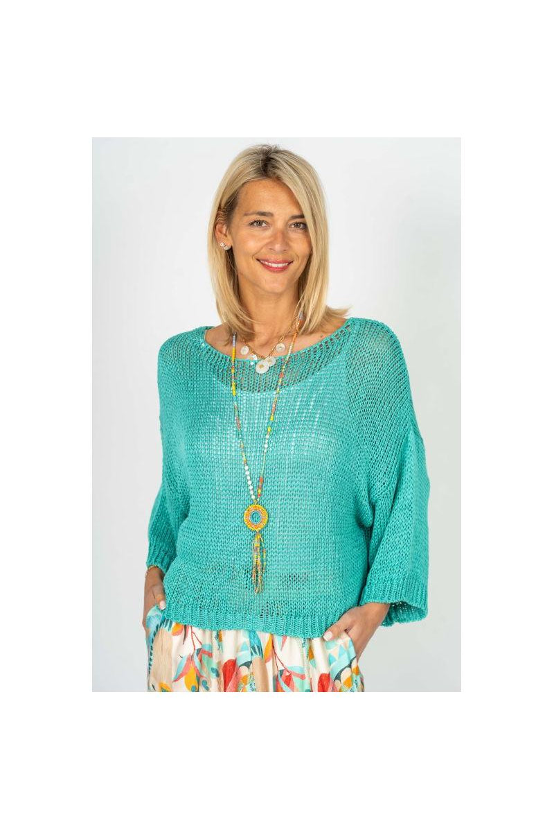 Look Mode Open Knit Sweater – Seafoam & Red Cherry-Sweaters-Look Mode-Deja Nu Boutique, Women's Fashion Boutique in Lampasas, Texas