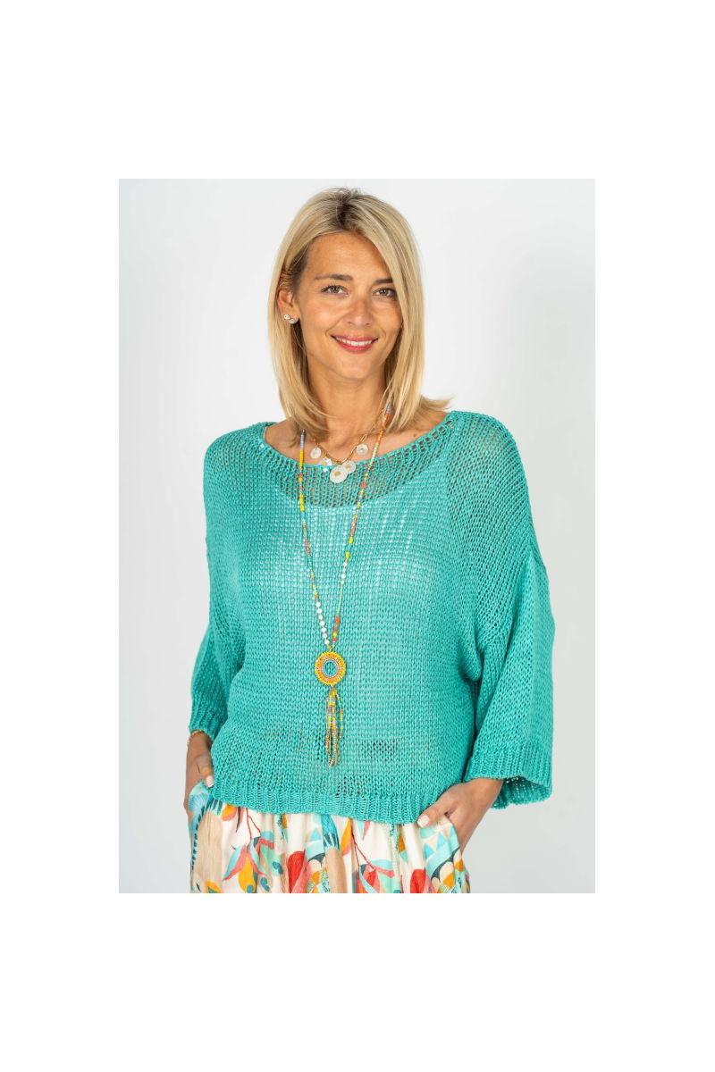 Look Mode Open Knit Sweater – Seafoam & Red Cherry-Sweaters-Look Mode-Deja Nu Boutique, Women's Fashion Boutique in Lampasas, Texas