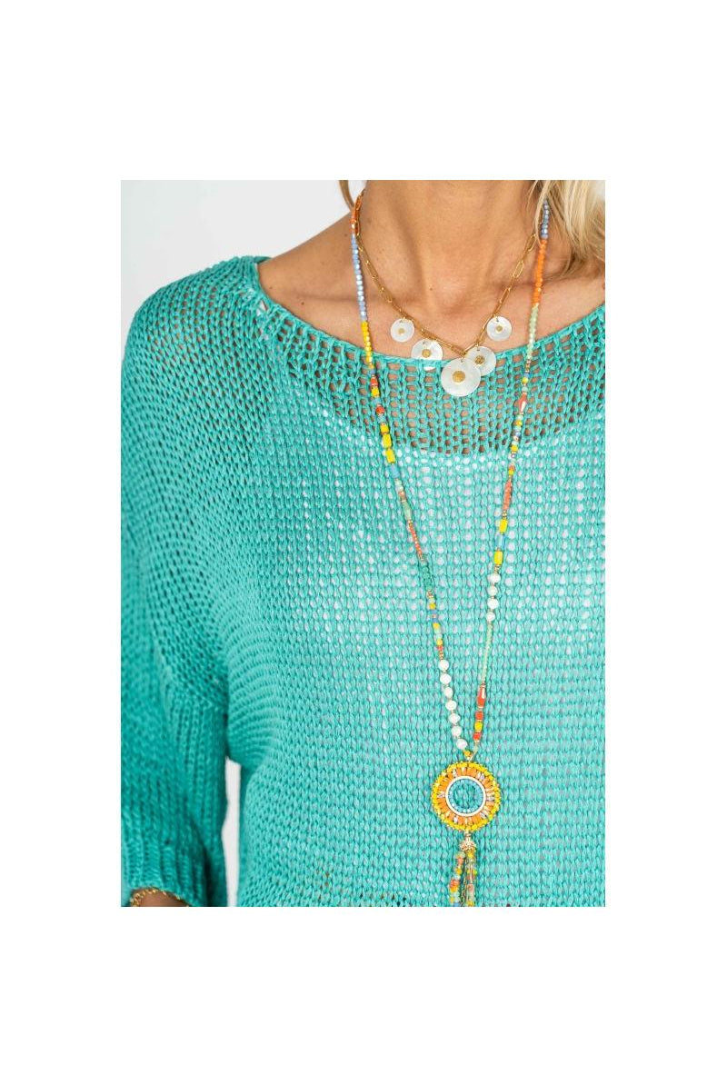 Look Mode Open Knit Sweater – Seafoam & Red Cherry-Sweaters-Look Mode-Deja Nu Boutique, Women's Fashion Boutique in Lampasas, Texas