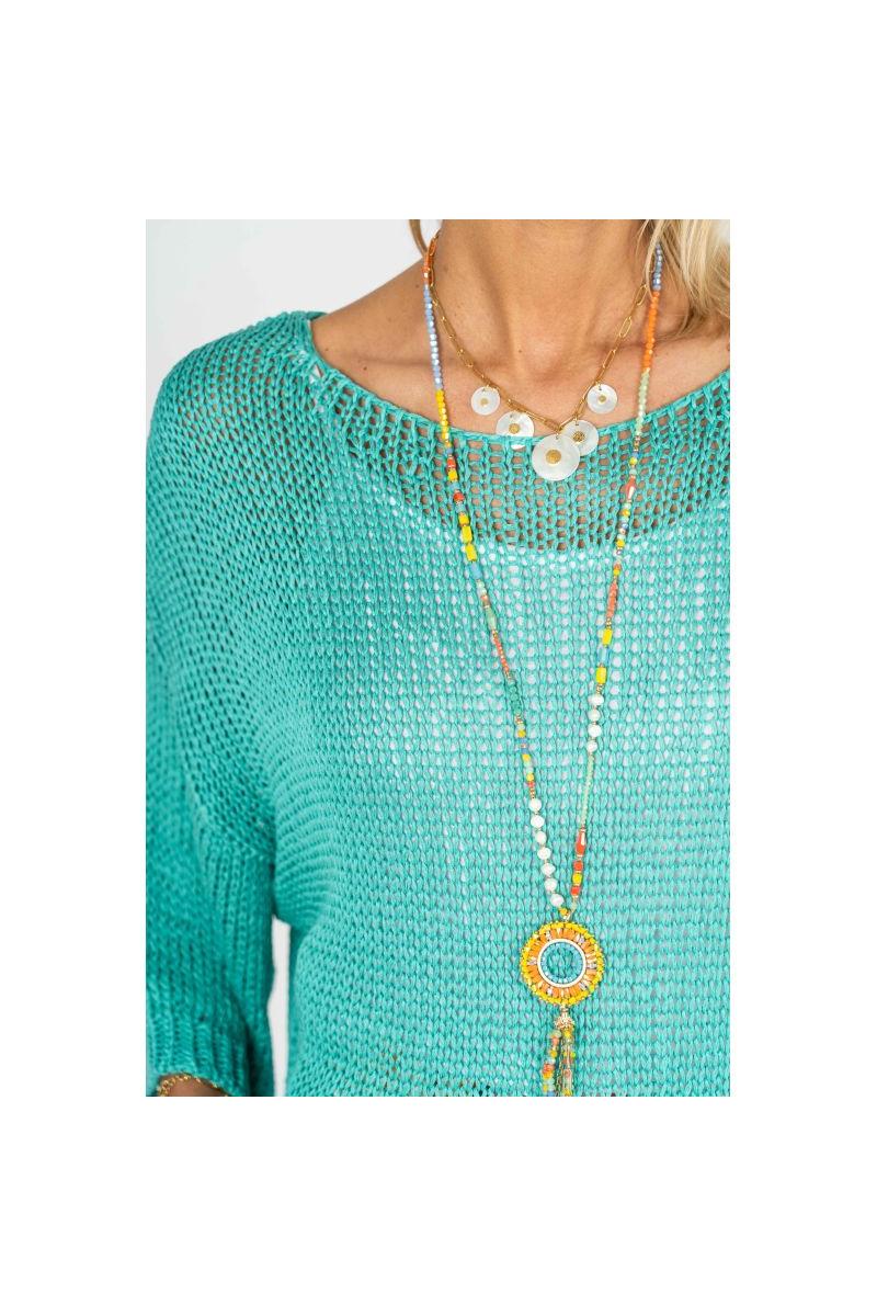 Look Mode Open Knit Sweater – Seafoam & Red Cherry-Sweaters-Look Mode-Deja Nu Boutique, Women's Fashion Boutique in Lampasas, Texas