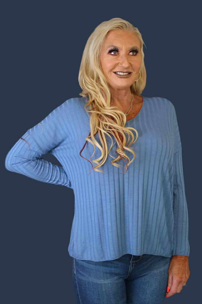 Look Mode Oversized Ribbed Top In Blue Jean-Sweaters-Look Mode-Deja Nu Boutique, Women's Fashion Boutique in Lampasas, Texas