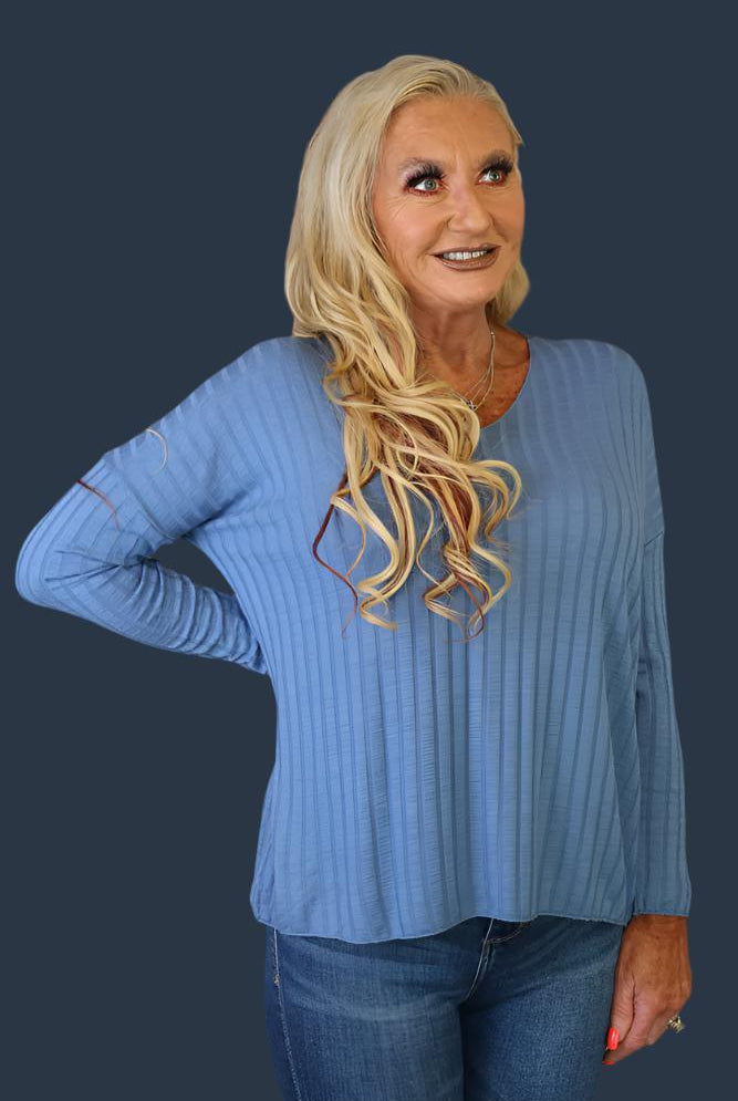Look Mode Oversized Ribbed Top In Blue Jean-Sweaters-Look Mode-Deja Nu Boutique, Women's Fashion Boutique in Lampasas, Texas