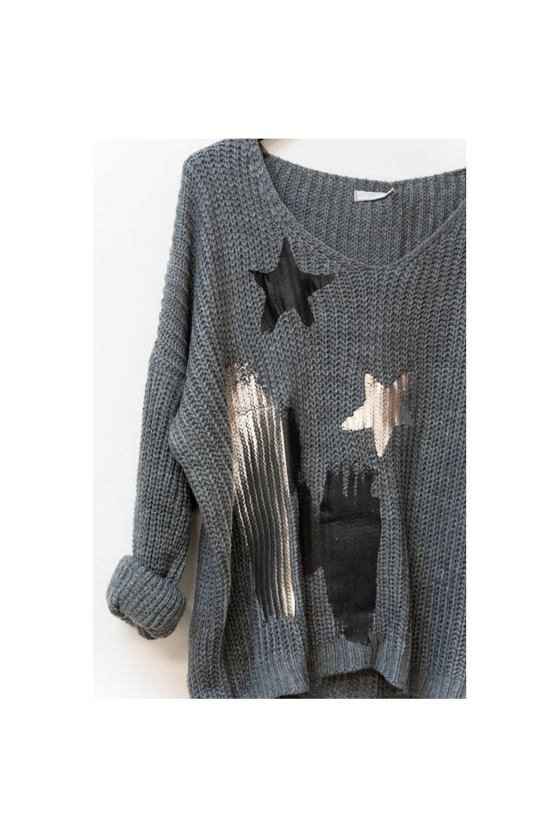 Look Mode Star & Paint Stripe Sweater In Charcoal Grey-Sweaters-Look Mode-Deja Nu Boutique, Women's Fashion Boutique in Lampasas, Texas