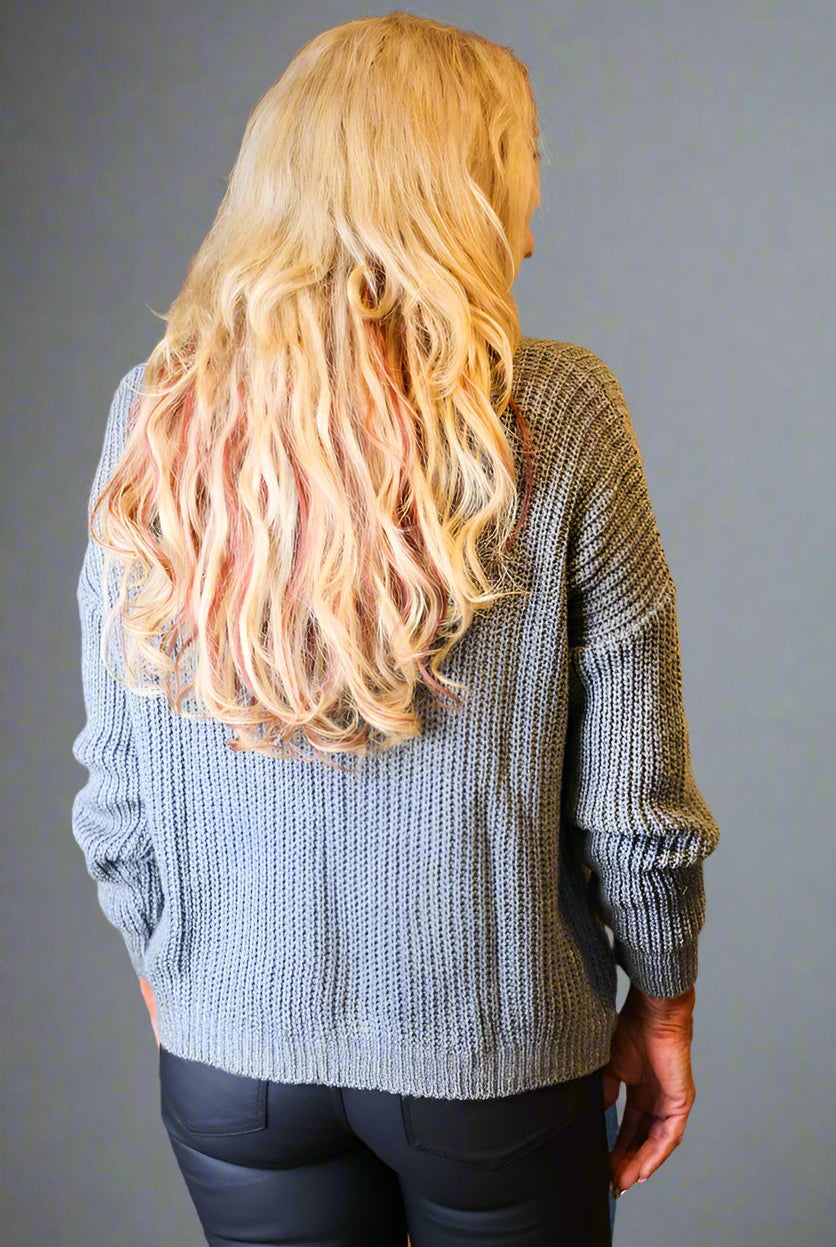 Look Mode Star & Paint Stripe Sweater In Charcoal Grey-Sweaters-Look Mode-Deja Nu Boutique, Women's Fashion Boutique in Lampasas, Texas