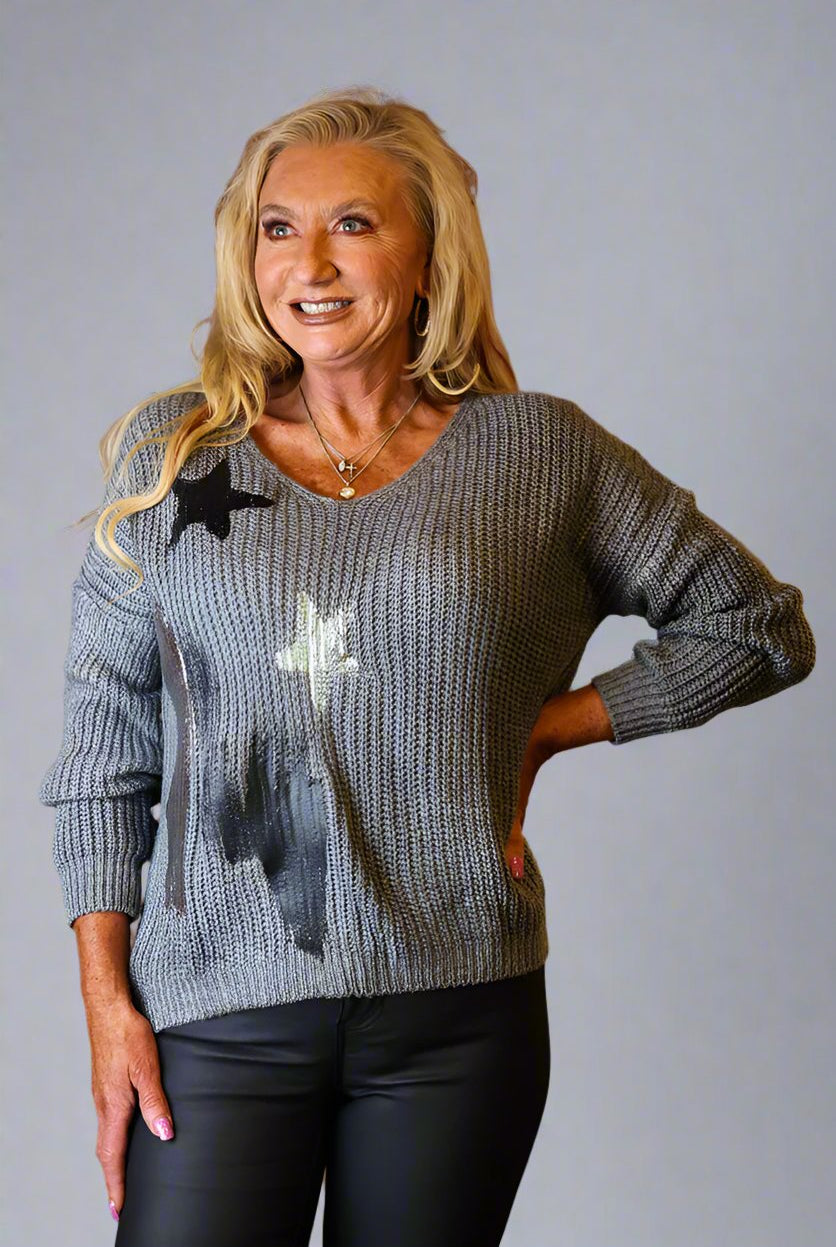 Look Mode Star & Paint Stripe Sweater In Charcoal Grey-Sweaters-Look Mode-Deja Nu Boutique, Women's Fashion Boutique in Lampasas, Texas