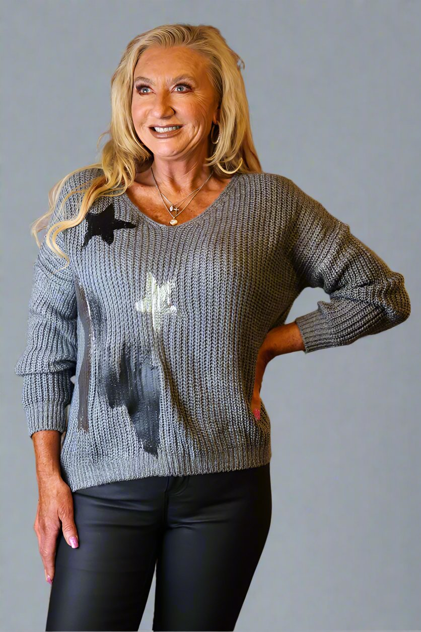 Look Mode Star & Paint Stripe Sweater In Charcoal Grey-Sweaters-Look Mode-Deja Nu Boutique, Women's Fashion Boutique in Lampasas, Texas